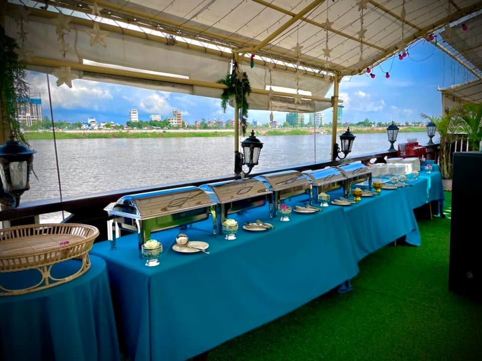 Riverside buffet spread on deck
