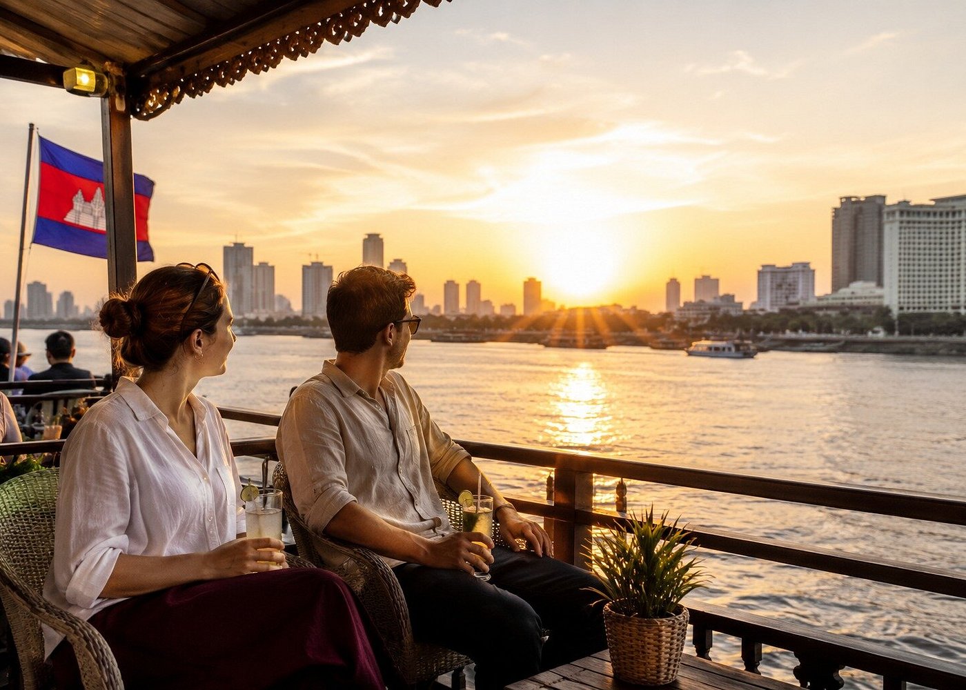 Toasting to sunset on board